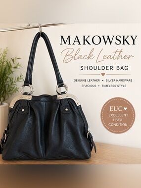 B. Makowsky Black Genuine Leather Shoulder Bag | Silver Hardware | EUC